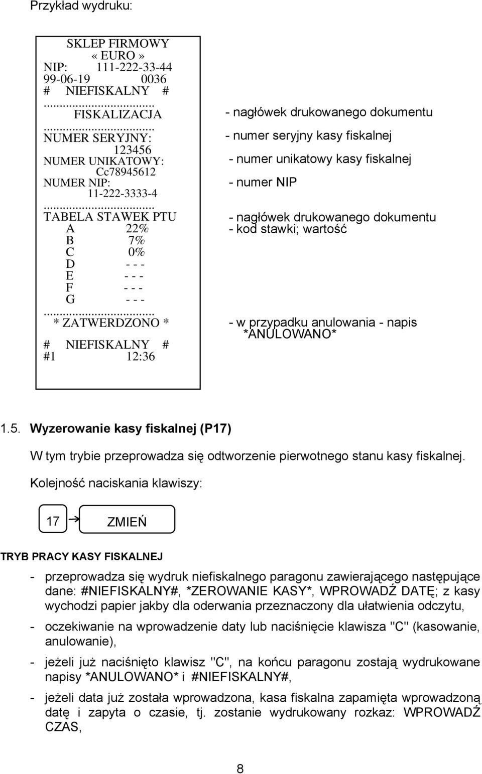 stawki; wartość - w przypadku anulowania - napis *ANULOWANO* 1.5. Wyzerowanie kasy fiskalnej (P17) W tym trybie przeprowadza się odtworzenie pierwotnego stanu kasy fiskalnej.