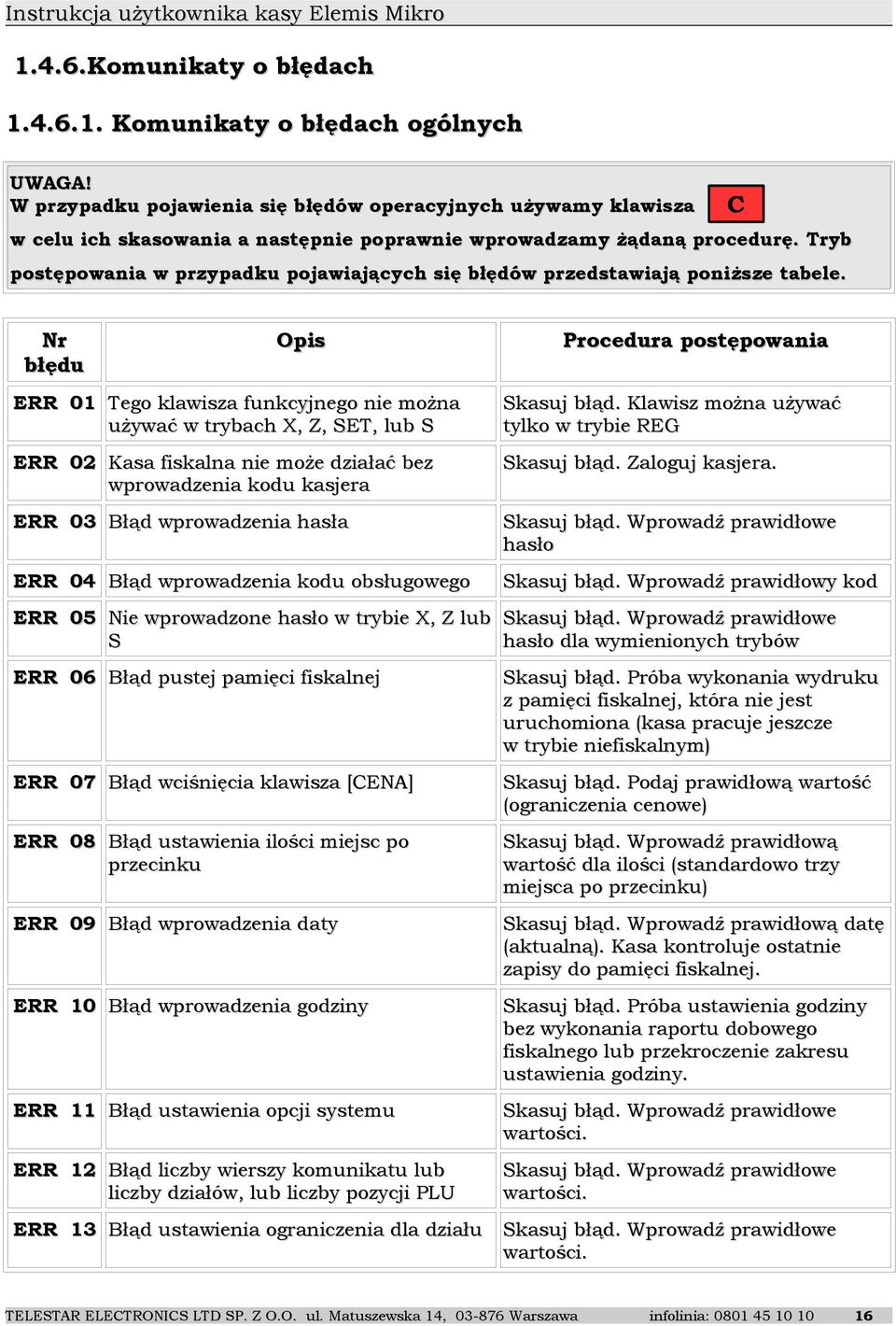 Tryb postępowania w przypadku pojawiających się błędów przedstawiają poniższe tabele.