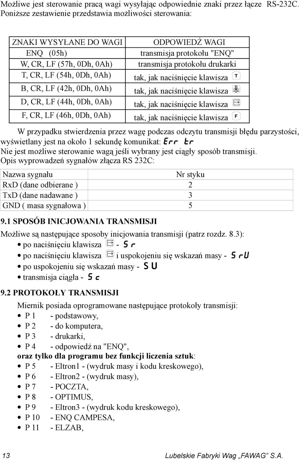 (54h, 0Dh, 0Ah) T tak, jak naciśnięcie klawisza B, CR, LF (42h, 0Dh, 0Ah) tak, jak naciśnięcie klawisza B 0 D, CR, LF (44h, 0Dh, 0Ah) tak, jak naciśnięcie klawisza F, CR, LF (46h, 0Dh, 0Ah) tak, jak