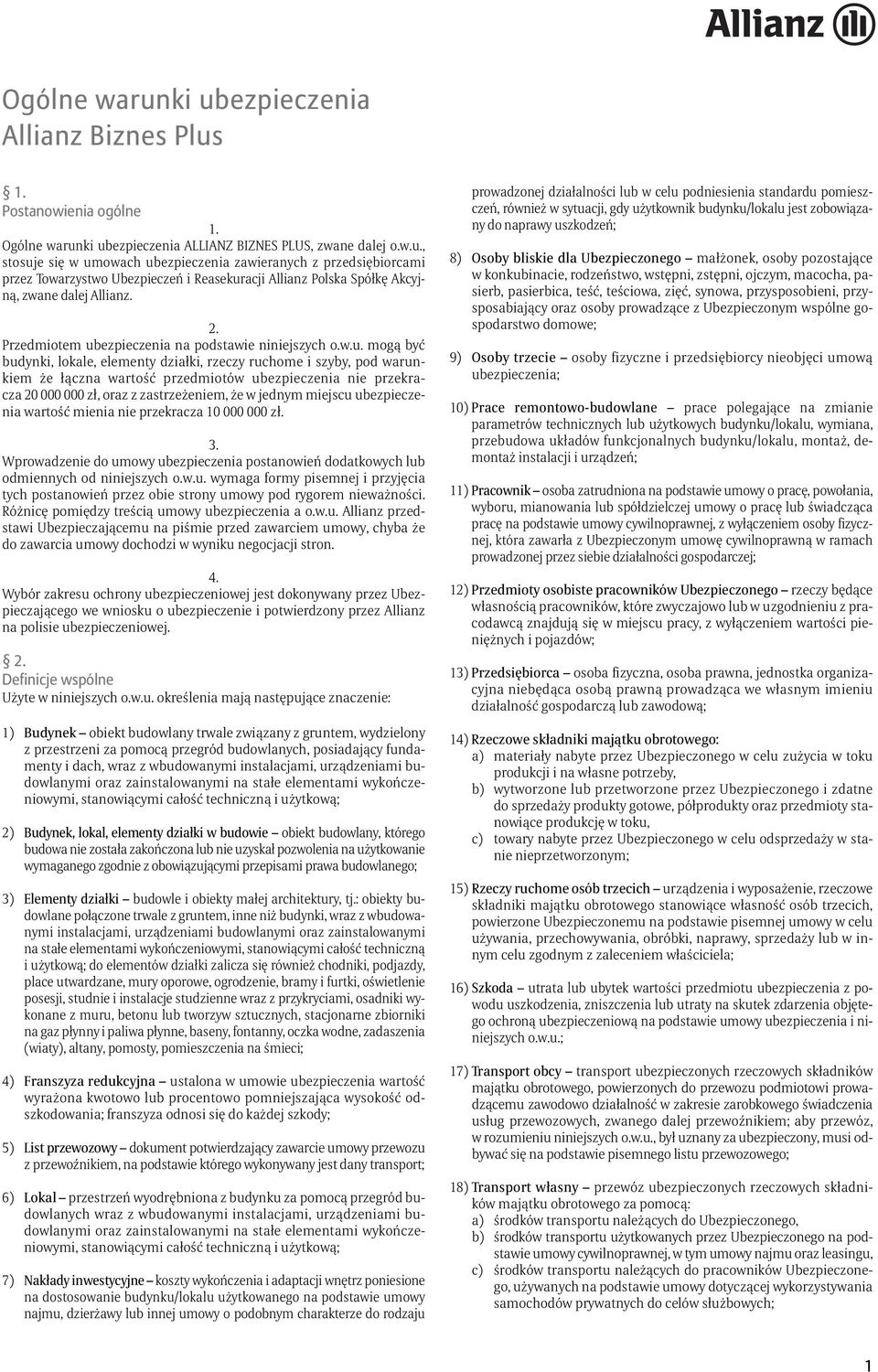 ezpieczenia na podstawie niniejszych o.w.u.