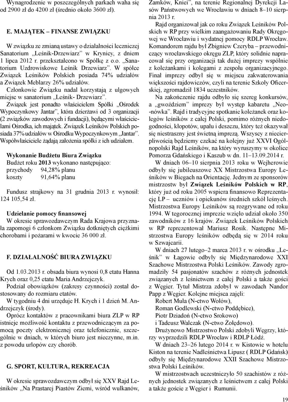 W spółce Związek Leśników Polskich posiada 74% udziałów a Związek Meblarzy 26% udziałów. Członkowie Związku nadal korzystają z ulgowych miejsc w sanatorium Leśnik- Drzewiarz.