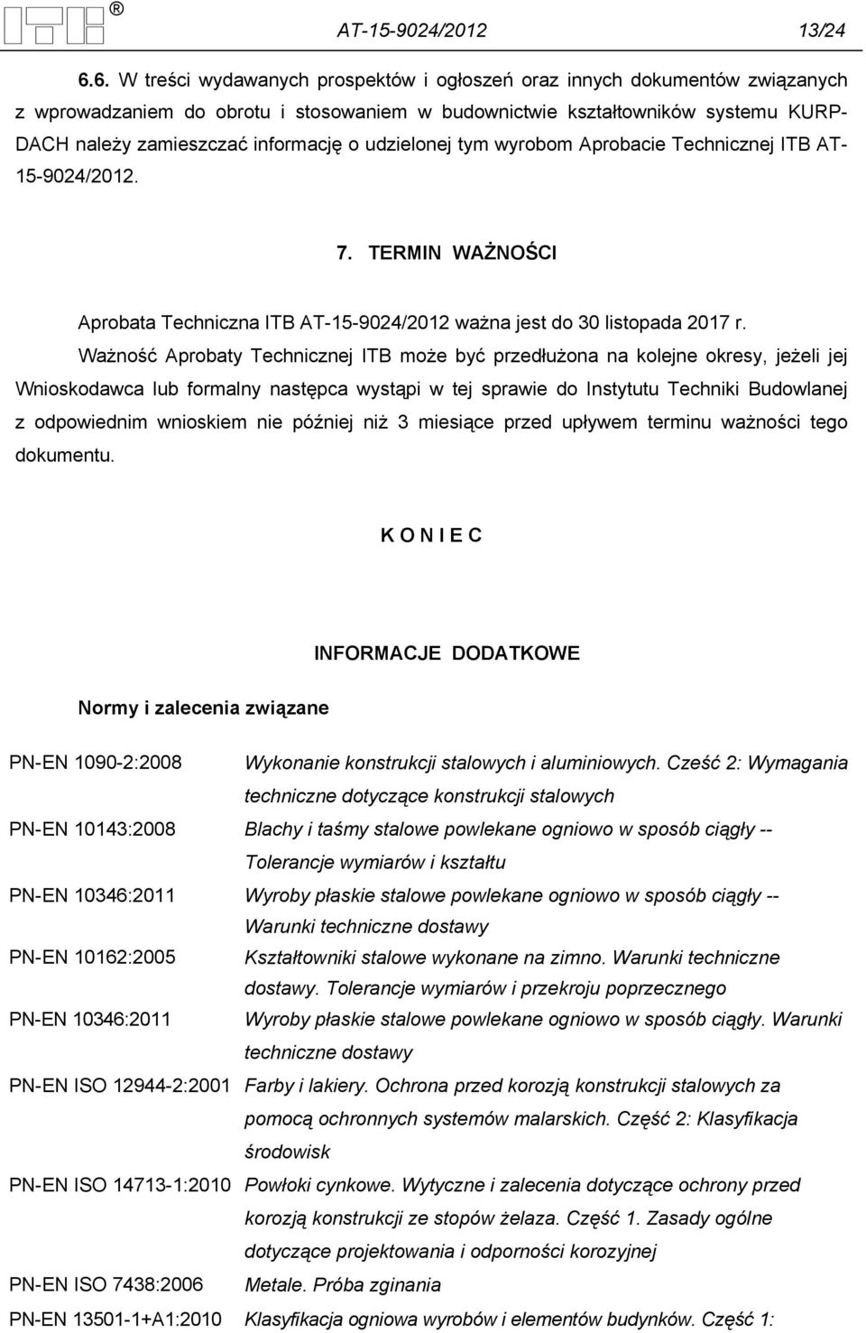 udzielonej tym wyrobom Aprobacie Technicznej ITB AT- 15-9024/2012. 7. TERMIN WAŻNOŚCI Aprobata Techniczna ITB AT-15-9024/2012 ważna jest do 30 listopada 2017 r.