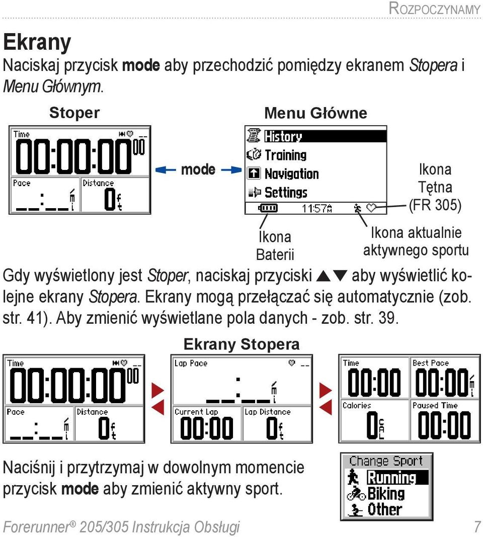 przyciski aby wyświetlić kolejne ekrany Stopera. Ekrany mogą przełączać się automatycznie (zob. str. 41).