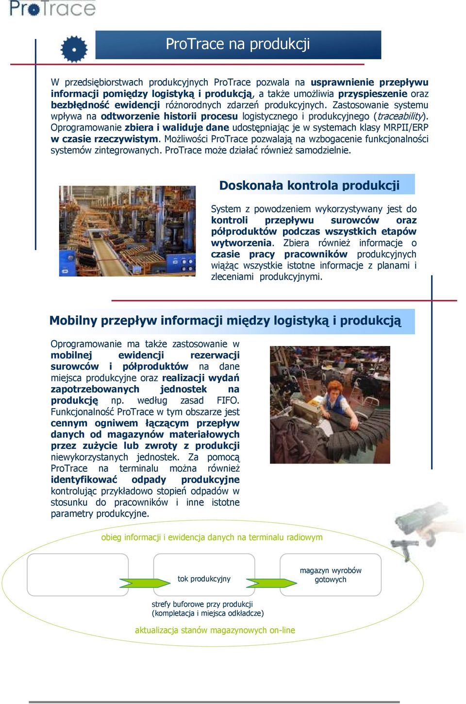 Oprogramowanie zbiera i waliduje dane udostępniając je w systemach klasy MRPII/ERP w czasie rzeczywistym. Możliwości ProTrace pozwalają na wzbogacenie funkcjonalności systemów zintegrowanych.