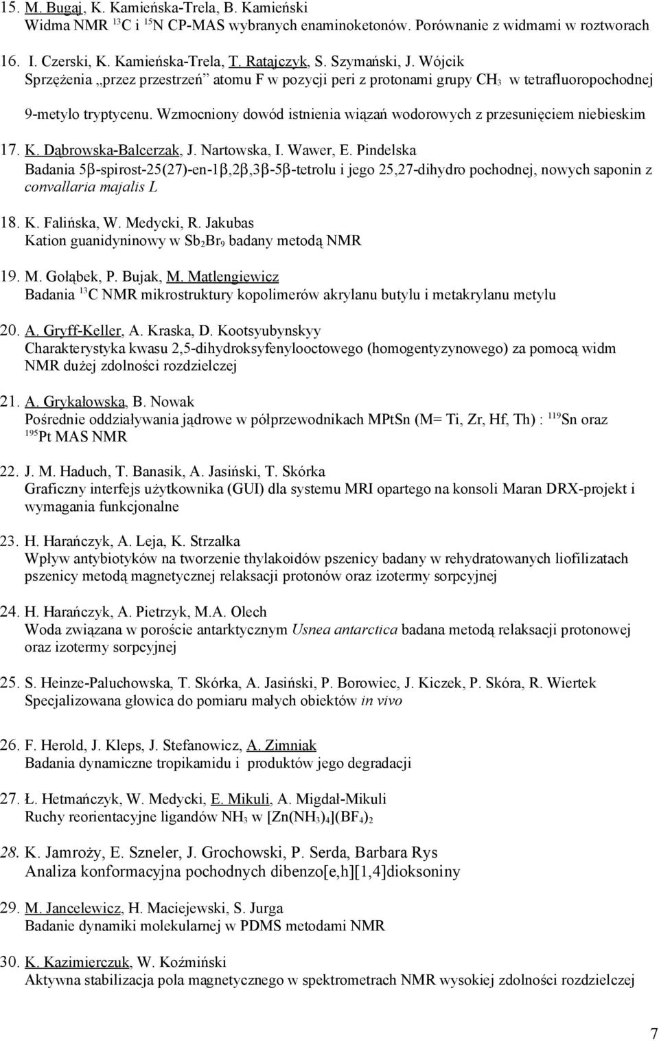 Wzmocniony dowód istnienia wiązań wodorowych z przesunięciem niebieskim 17. K. Dąbrowska-Balcerzak, J. Nartowska, I. Wawer, E.