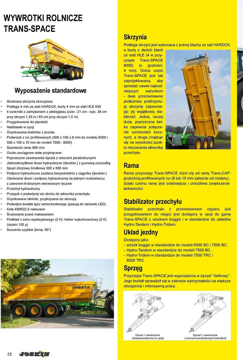 100 x 10 mm do modeli 7000-8000) Szerokość ramy 900 mm Oczko pociągowe stałe przykręcane Poprzeczne zawieszenie dyszla z resorami parabolicznymi Jednoskrzydłowe drzwi hydrauliczne (dwukier.