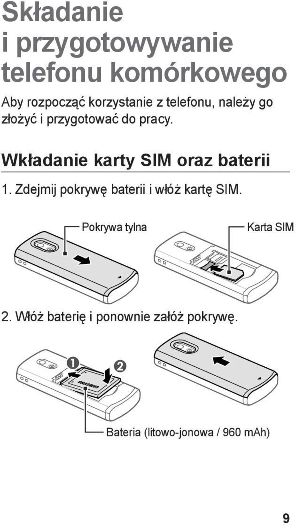 Wkładanie karty SIM oraz baterii 1. Zdejmij pokrywę baterii i włóż kartę SIM.