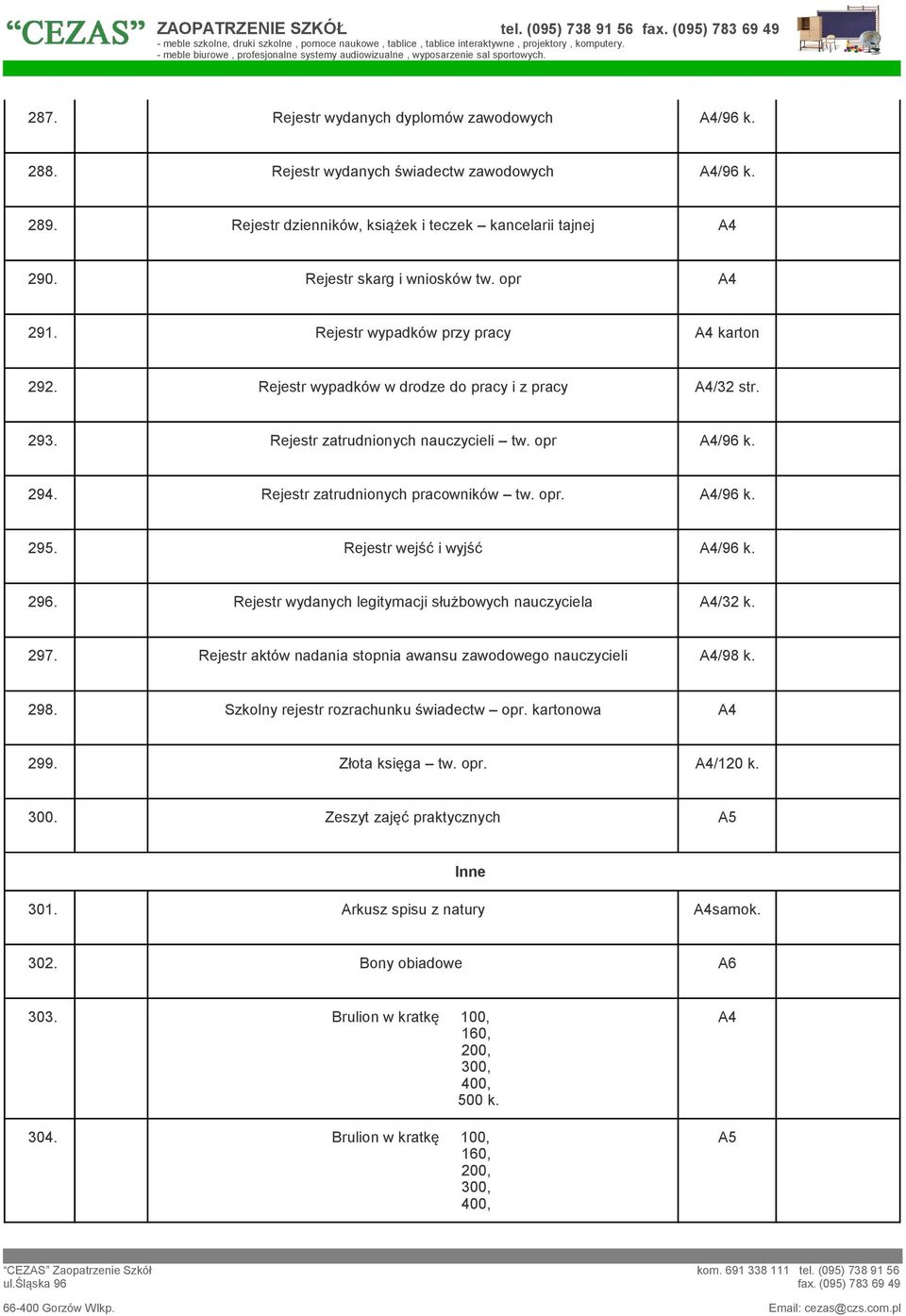 opr. /96 k. 295. Rejestr wejść i wyjść /96 k. 296. Rejestr wydanych legitymacji służbowych nauczyciela /32 k. 297. Rejestr aktów nadania stopnia awansu zawodowego nauczycieli /98 k. 298.