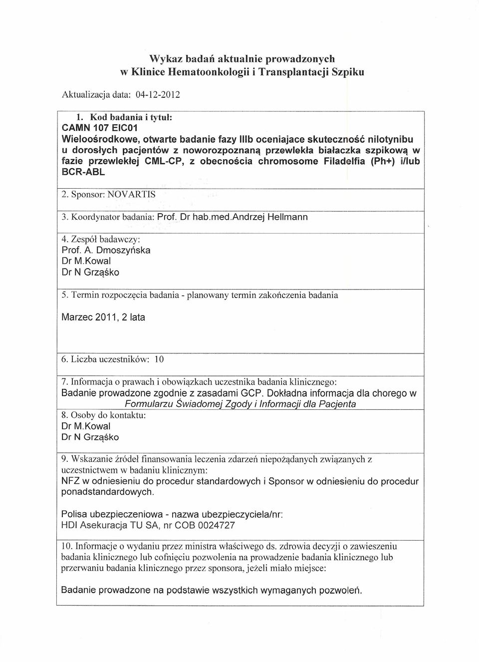 przewlekłej CML-CP, z obecnościa chromosome Filadelfia (Ph+) illub BCR-ABL 2. Sponsor: NOVARTIS 3. Koordynator badania: Prof. Dr hab.med.andrzej Hellmann 4. Zespół badawczy: Prof. A. Dmoszyńska Dr M.