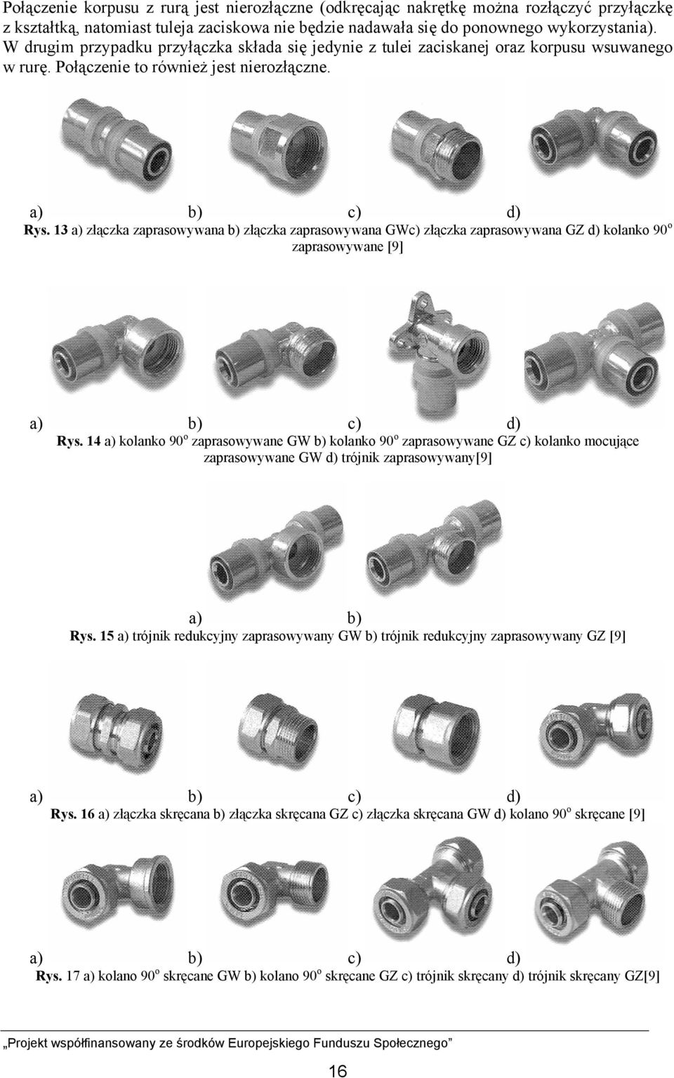 13 a) złączka zaprasowywana b) złączka zaprasowywana GWc) złączka zaprasowywana GZ d) kolanko 90 o zaprasowywane [9] a) b) c) d) Rys.
