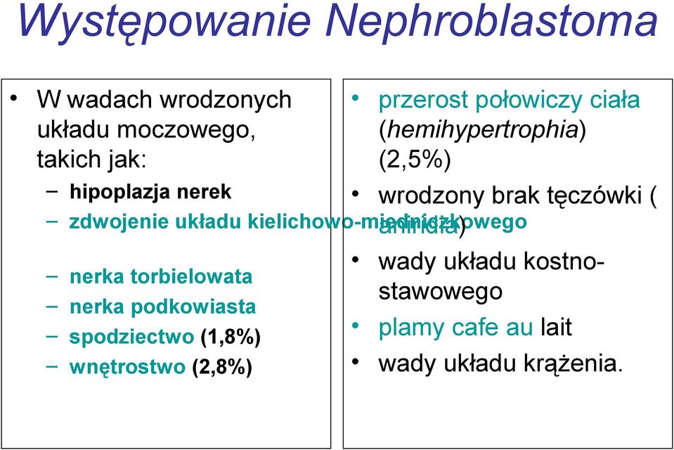 zdwojenie układu kielichowo-miedniczkowego aniridia) wady układu kostnonerka torbielowata