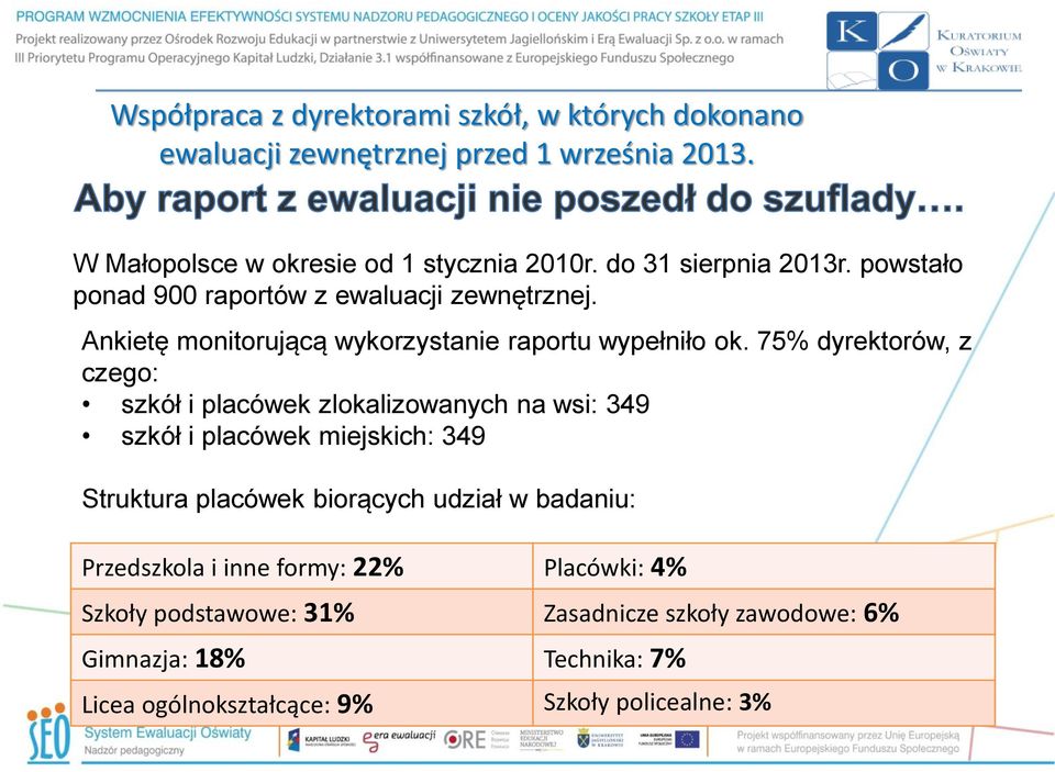 75% dyrektorów, z czego: szkół i placówek zlokalizowanych na wsi: 349 szkół i placówek miejskich: 349 Struktura placówek biorących udział w badaniu: