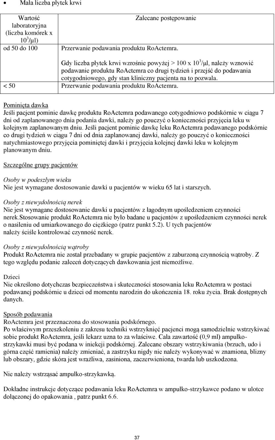 < 50 Przerwanie podawania produktu RoActemra.