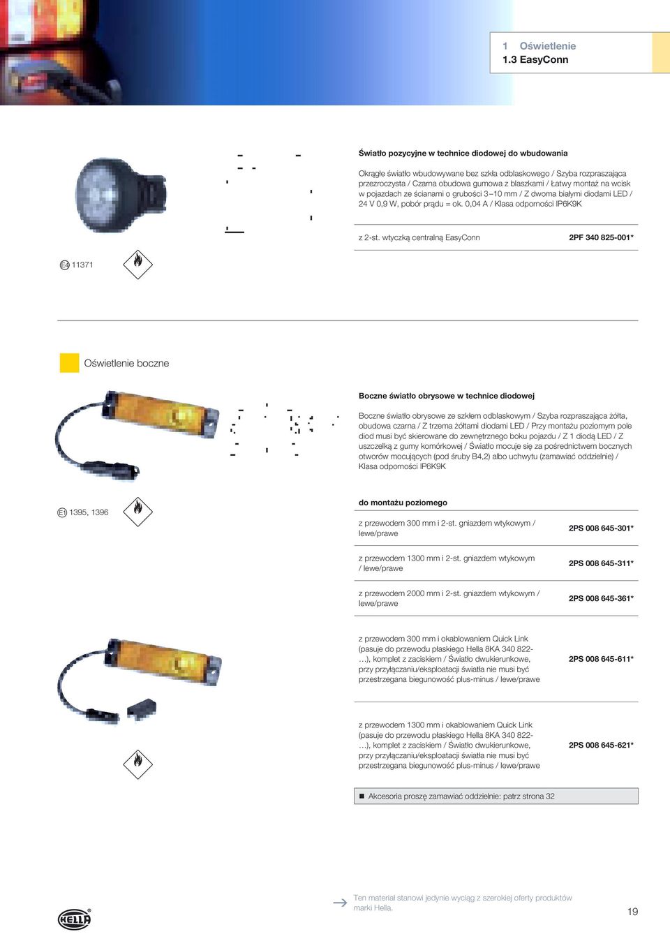 montaż na wcisk w pojazdach ze ścianami o grubości 3 10 mm / Z dwoma białymi diodami LED / 24 V 0,9 W, pobór prądu = ok. 0,04 A / Klasa odporności IP6K9K z 2-st.