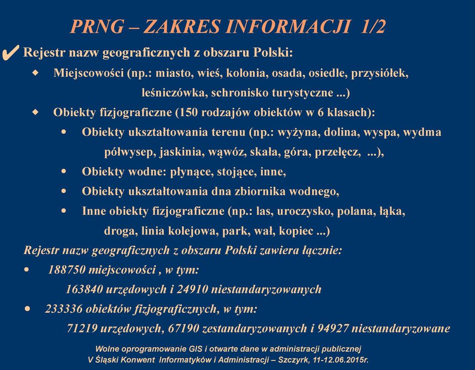 ..), Obiekty wodne: płynące, stojące, inne, Obiekty ukształtowania dna zbiornika wodnego, Inne obiekty fizjograficzne (np.: las, uroczysko, polana, łąka, droga, linia kolejowa, park, wał, kopiec.