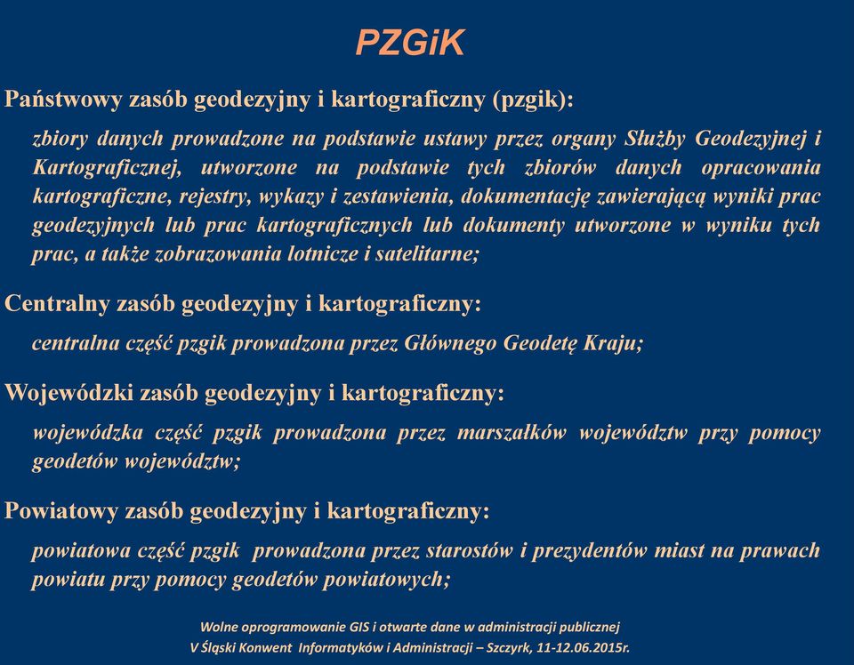 zobrazowania lotnicze i satelitarne; Centralny zasób geodezyjny i kartograficzny: centralna część pzgik prowadzona przez Głównego Geodetę Kraju; Wojewódzki zasób geodezyjny i kartograficzny: