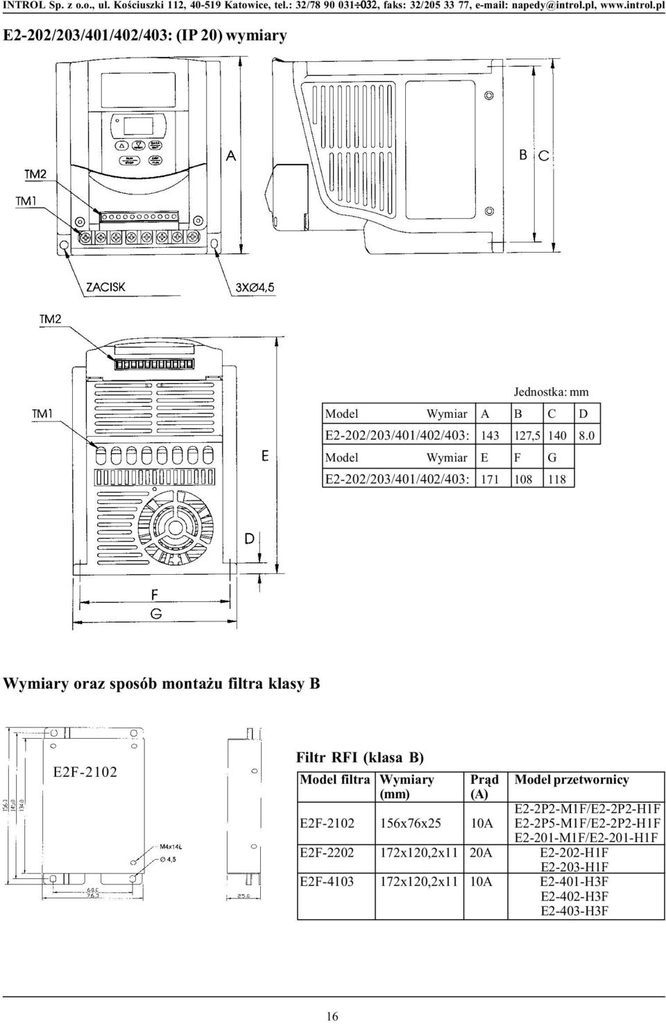 (klasa B) Model filtra Wymiary Pr¹d Model przetworicy (mm) (A) E2-2P2-M1F/E2-2P2-H1F E2F-2102 156x76x25 10A