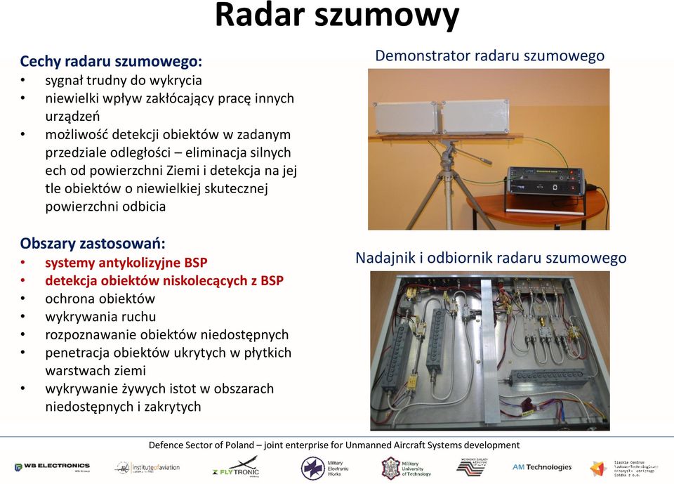 radaru szumowego Obszary zastosowań: systemy antykolizyjne BSP detekcja obiektów niskolecących z BSP ochrona obiektów wykrywania ruchu rozpoznawanie obiektów