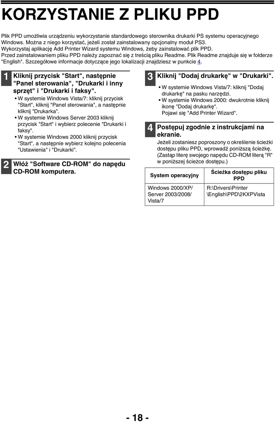 Przed zainstalowaniem pliku PPD należy zapoznać się z treścią pliku Readme. Plik Readme znajduje się w folderze "English". Szczegółowe informacje dotyczące jego lokalizacji znajdziesz w punkcie 4.