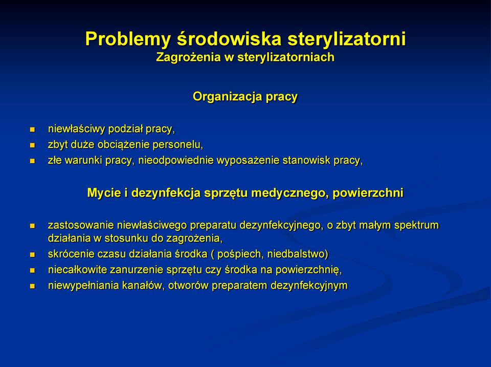 preparatu dezynfekcyjnego, o zbyt małym spektrum działania w stosunku do zagrożenia, skrócenie czasu działania środka (