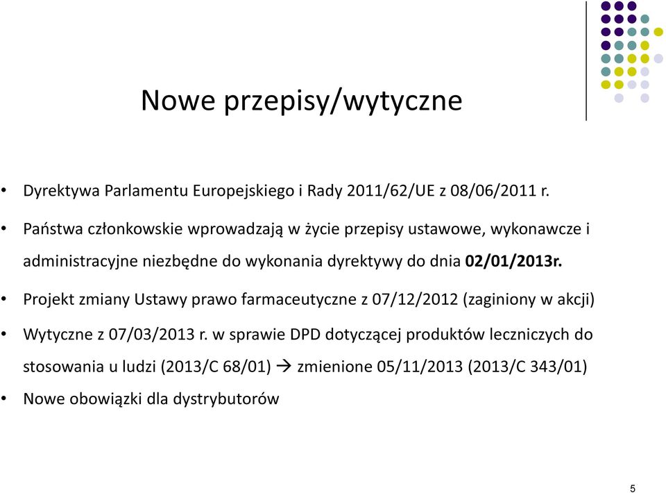 do dnia 02/01/2013r. Projekt zmiany Ustawy prawo farmaceutyczne z 07/12/2012 (zaginiony w akcji) Wytyczne z 07/03/2013 r.