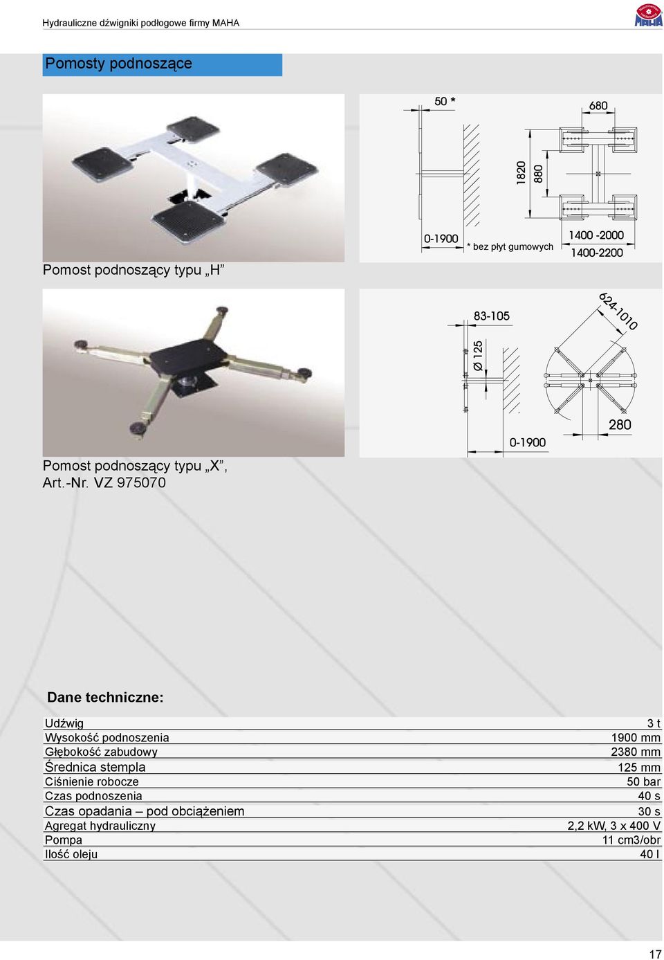 stempla Ciśnienie robocze Czas podnoszenia Czas opadania pod obciążeniem Agregat hydrauliczny