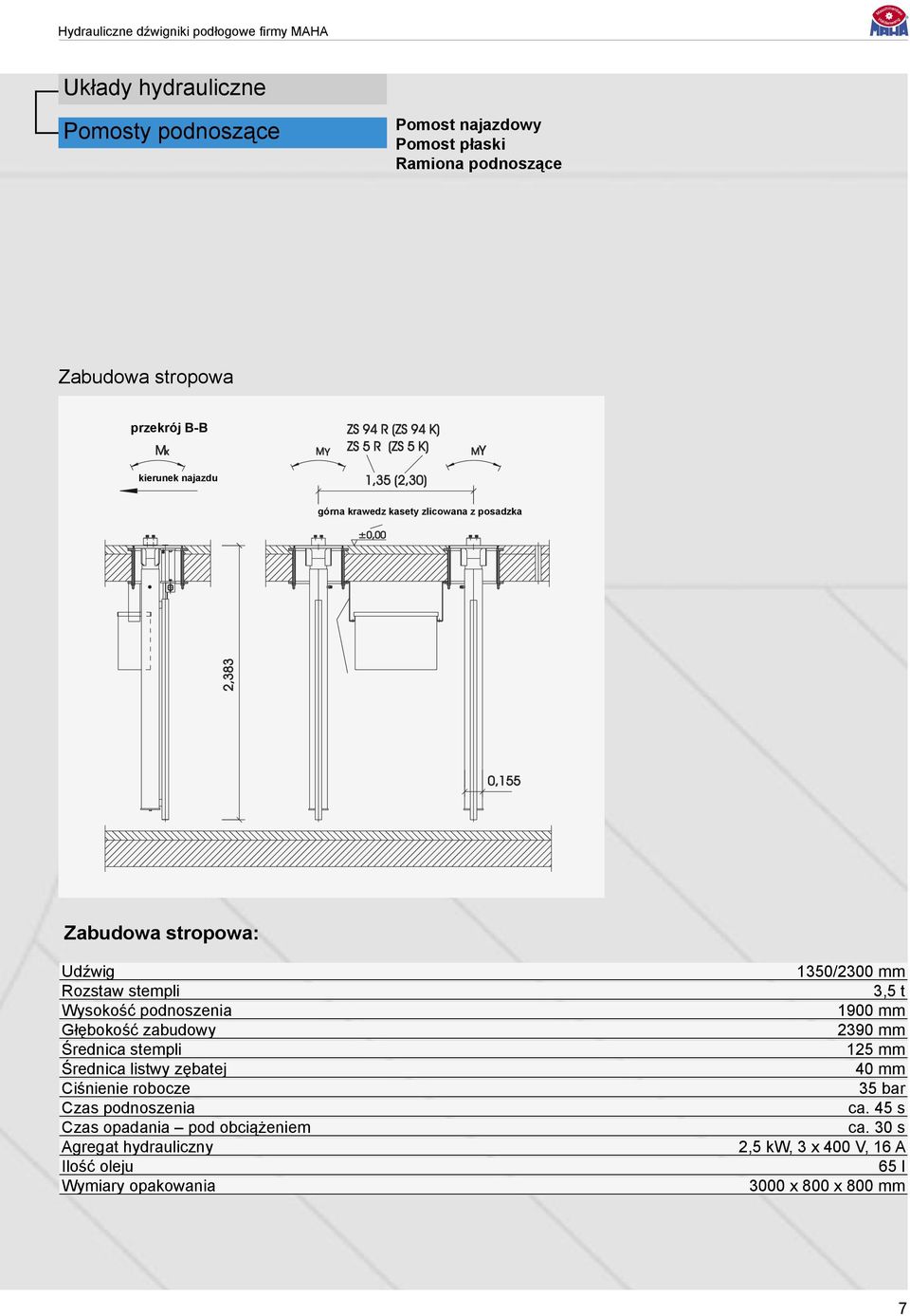 Średnica stempli Średnica listwy zębatej Ciśnienie robocze Czas podnoszenia Czas opadania pod obciążeniem Agregat hydrauliczny Ilość