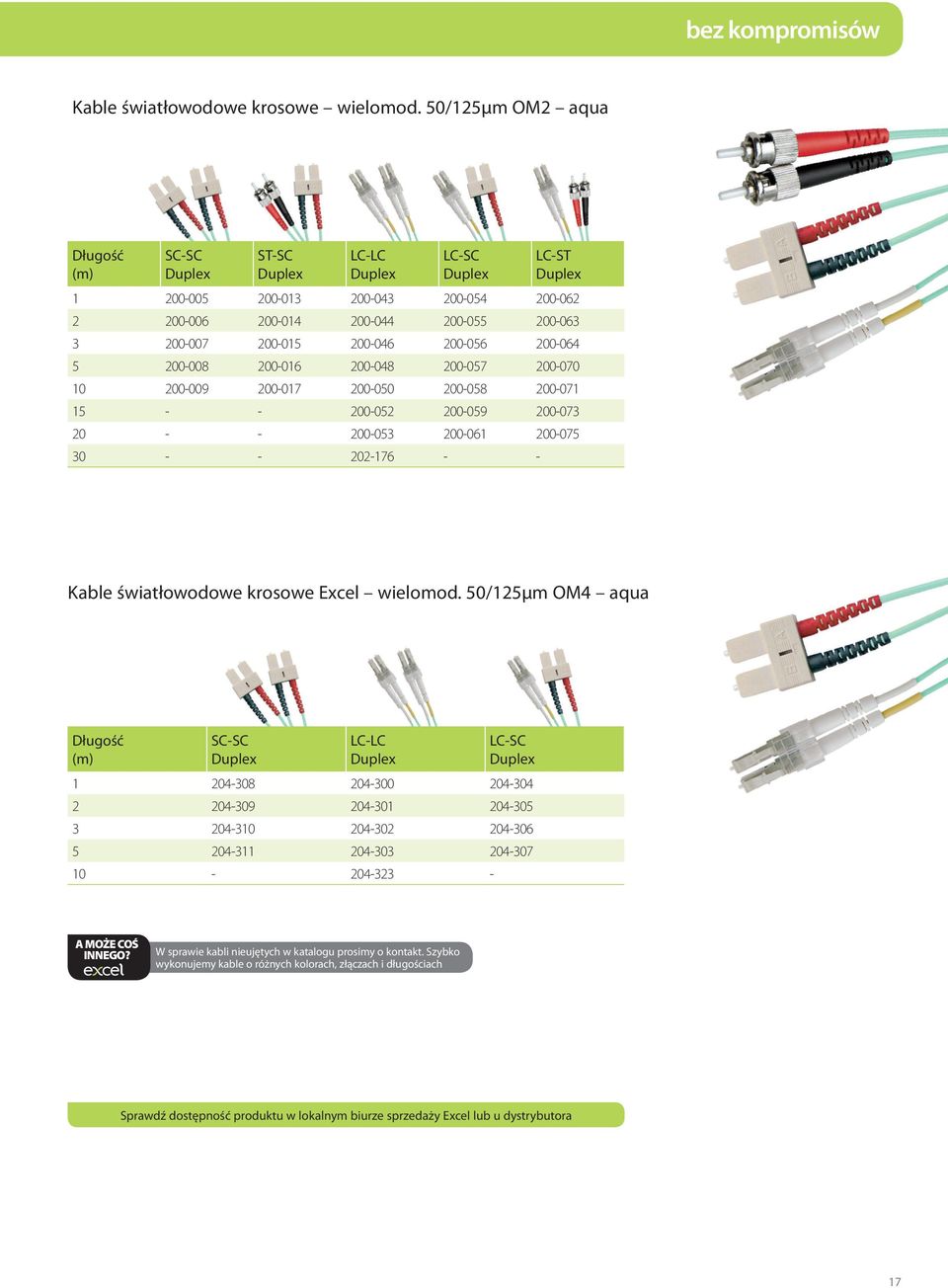 200-016 200-048 200-057 200-070 10 200-009 200-017 200-050 200-058 200-071 15 - - 200-052 200-059 200-073 20 - - 200-053 200-061 200-075 30 - - 202-176 - - Kable światłowodowe krosowe Excel wielomod.