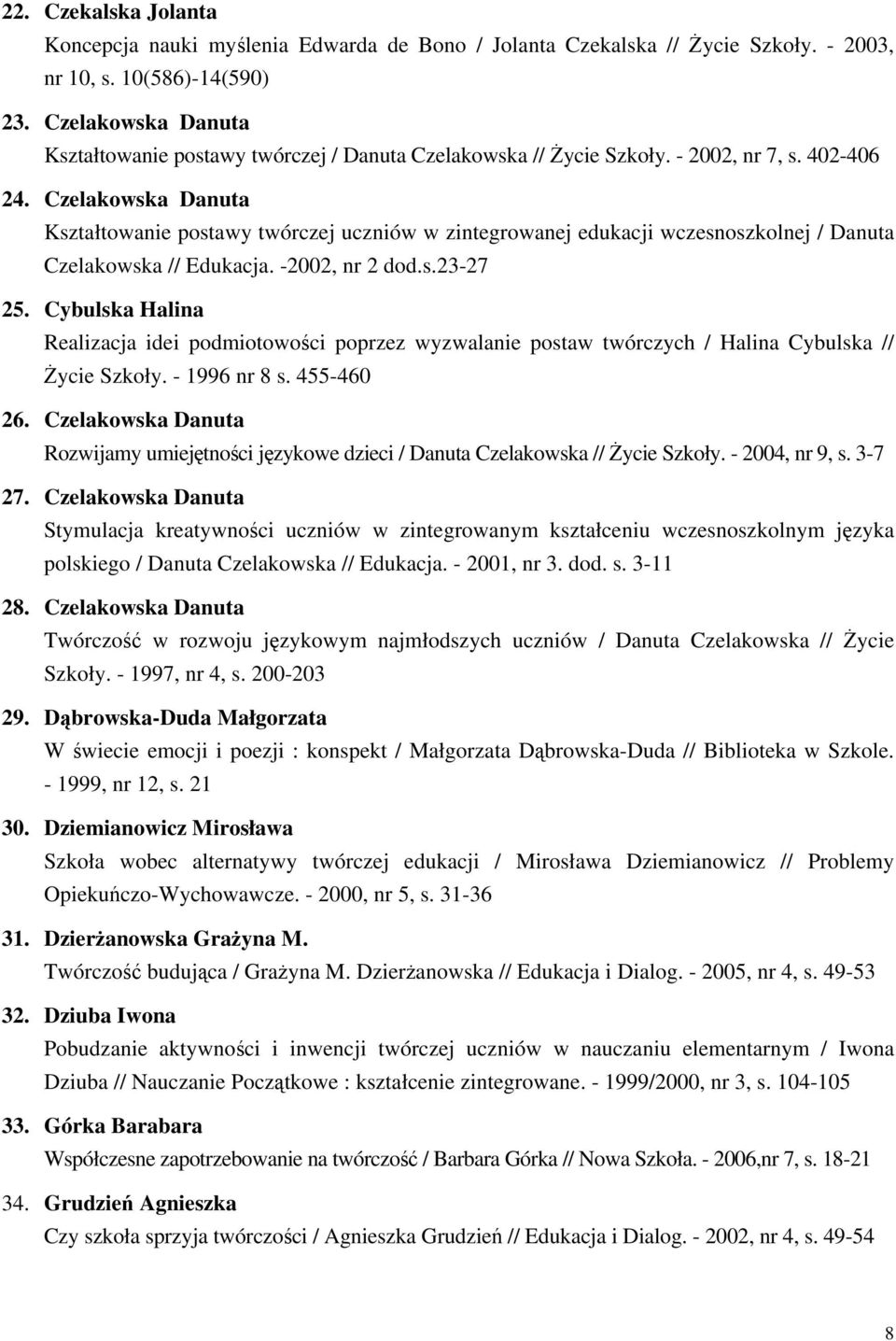 Czelakowska Danuta Kształtowanie postawy twórczej uczniów w zintegrowanej edukacji wczesnoszkolnej / Danuta Czelakowska // Edukacja. -2002, nr 2 dod.s.23-27 25.