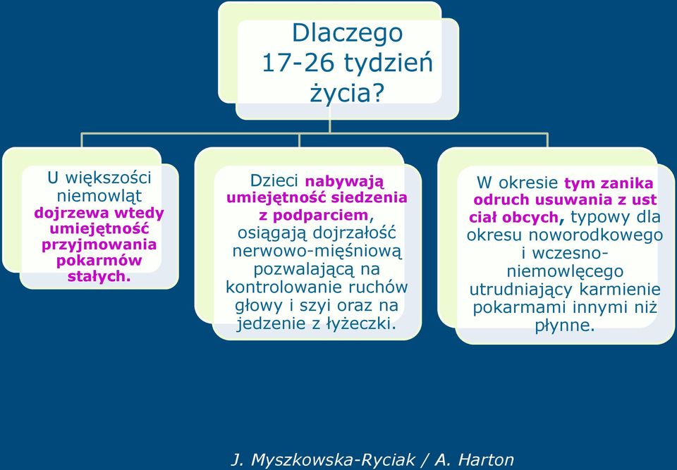 kontrolowanie ruchów głowy i szyi oraz na jedzenie z łyżeczki.