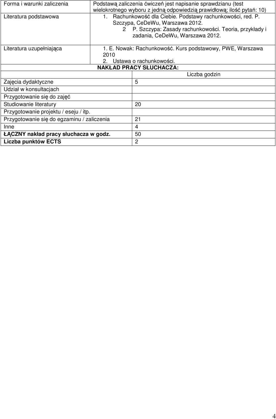 Literatura uzupełniająca 1. E. Nowak: Rachunkowość. Kurs podstawowy, PWE, Warszawa 2010 2. Ustawa o rachunkowości.
