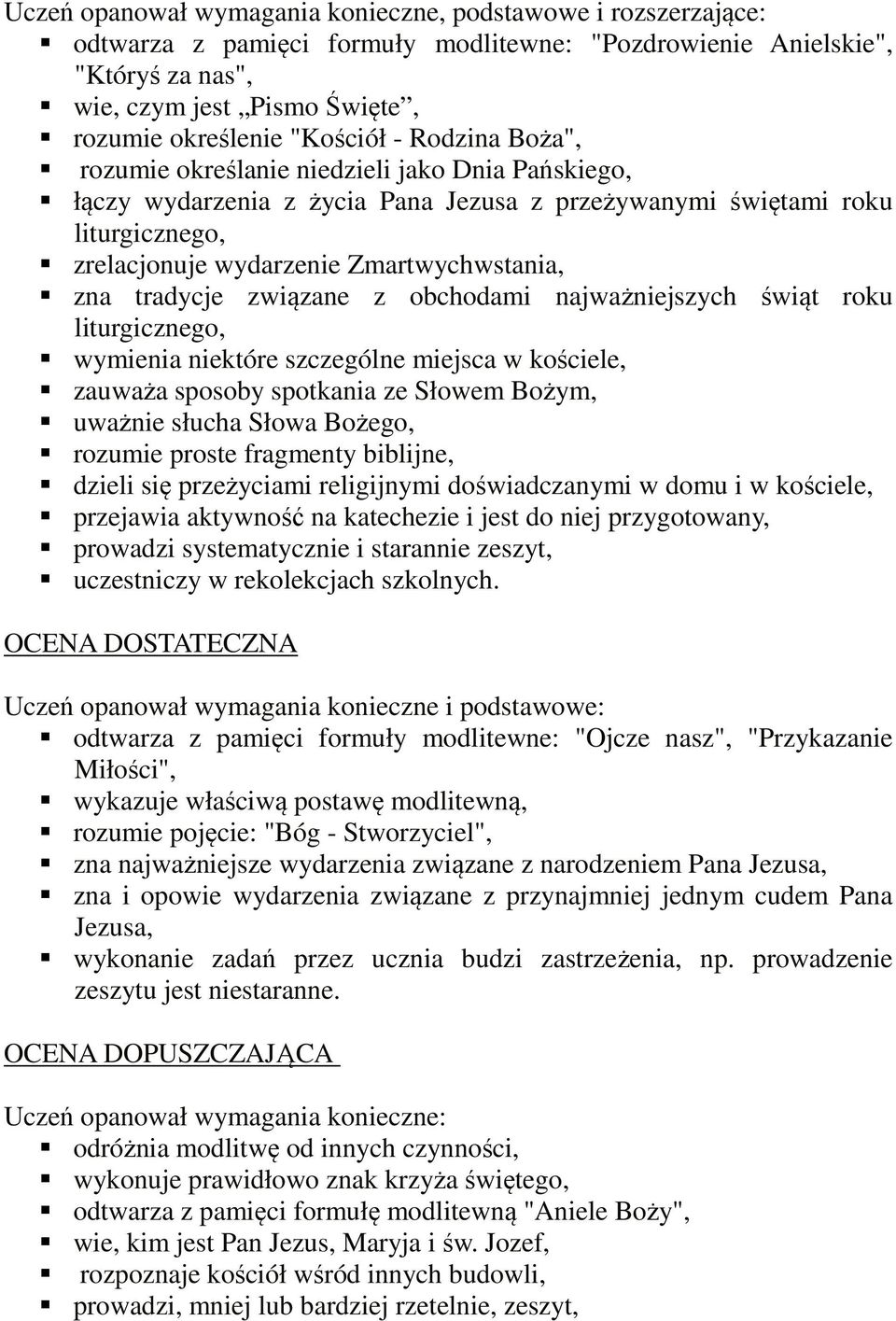 zna tradycje związane z obchodami najważniejszych świąt roku liturgicznego, wymienia niektóre szczególne miejsca w kościele, zauważa sposoby spotkania ze Słowem Bożym, uważnie słucha Słowa Bożego,