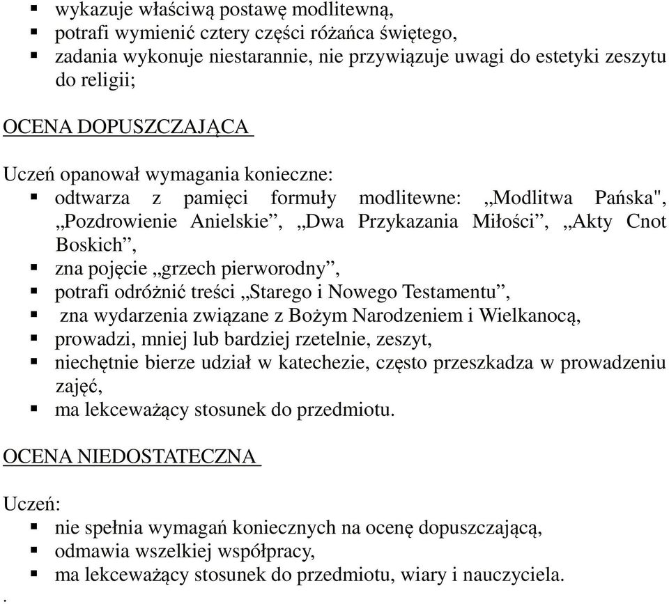 odróżnić treści Starego i Nowego Testamentu, zna wydarzenia związane z Bożym Narodzeniem i Wielkanocą, prowadzi, mniej lub bardziej rzetelnie, zeszyt, niechętnie bierze udział w katechezie, często