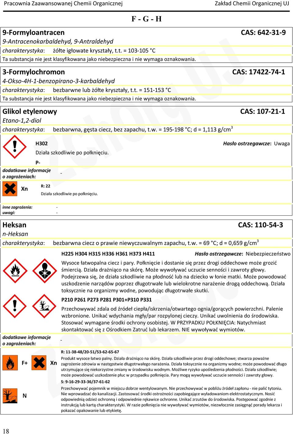 Glikol etylenowy CAS: 107211 Etano1,2diol charakterystyka: bezbarwna, gęsta ciecz, bez zapachu, t.w. = 195198 C; d = 1,113 g/cm 3 H302 P Działa szkodliwie po połknięciu.