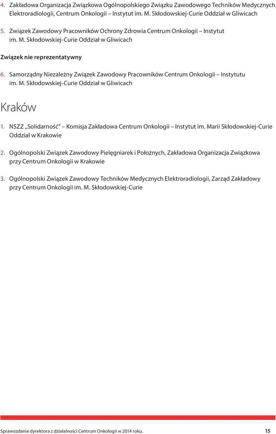 Samorządny Niezależny Związek Zawodowy Pracowników Centrum Onkologii Instytutu im. M. Skłodowskiej-Curie Oddział w Gliwicach Kraków 1. NSZZ Solidarność Komisja Zakładowa Centrum Onkologii Instytut im.