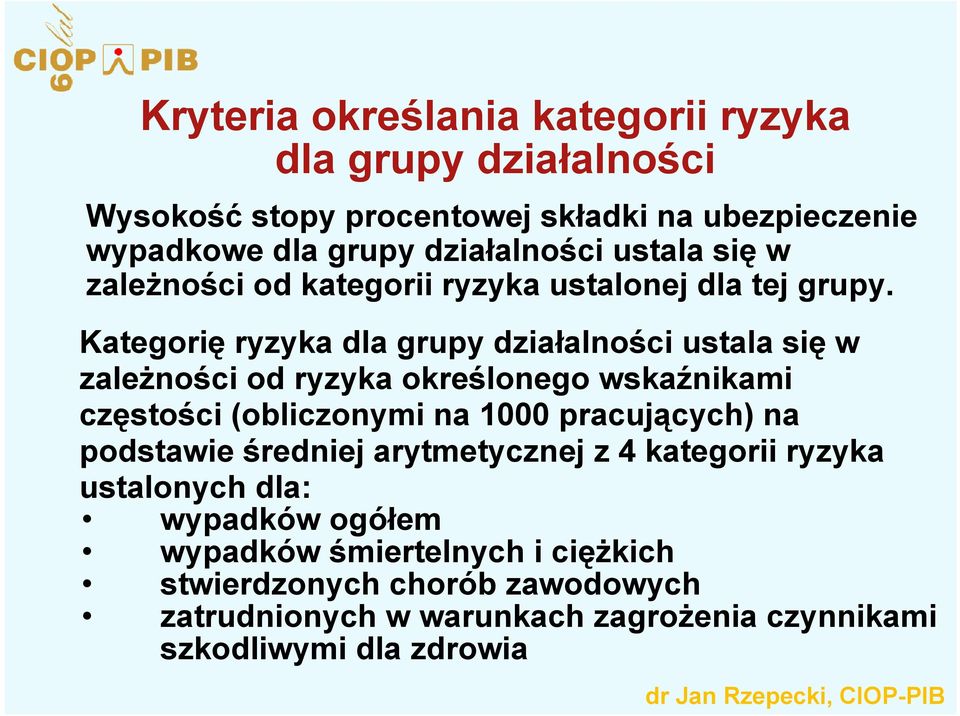 Kategorię ryzyka dla grupy działalności ustala się w zależności od ryzyka określonego wskaźnikami częstości (obliczonymi na 1000 pracujących) na