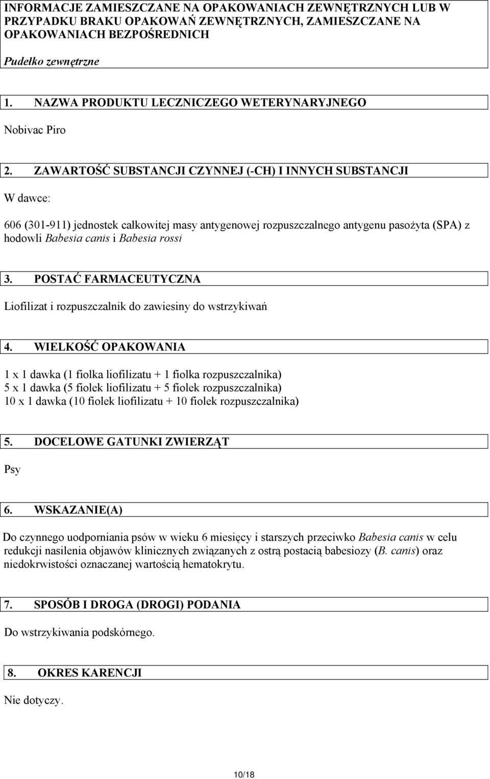 ZAWARTOŚĆ SUBSTANCJI CZYNNEJ (-CH) I INNYCH SUBSTANCJI W dawce: 606 (301-911) jednostek całkowitej masy antygenowej rozpuszczalnego antygenu pasożyta (SPA) z hodowli Babesia canis i Babesia rossi 3.