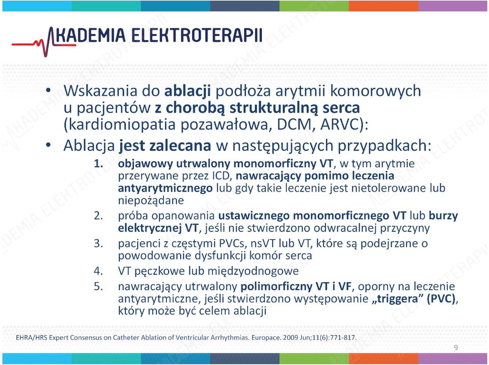 próba opanowania ustawicznego monomorficznego VT lub burzy elektrycznej VT, jeśli nie stwierdzono odwracalnej przyczyny 3.