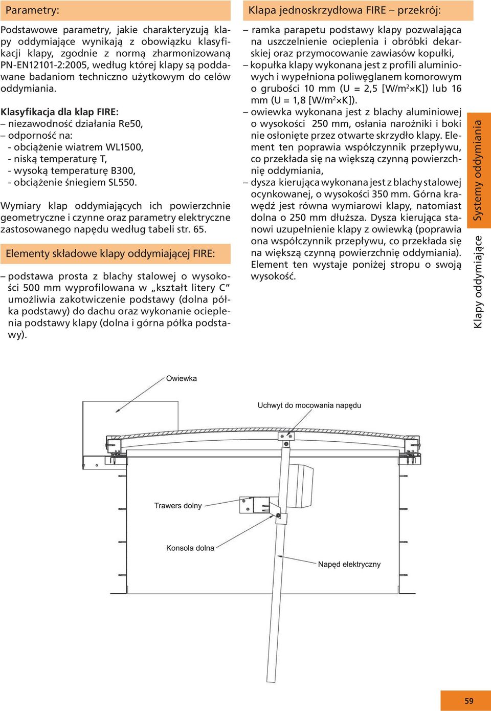 Klasyfikacja dla klap FIRE: niezawodność działania Re50, odporność na: - obciążenie wiatrem WL1500, - niską temperaturę T, - wysoką temperaturę B300, - obciążenie śniegiem SL550.