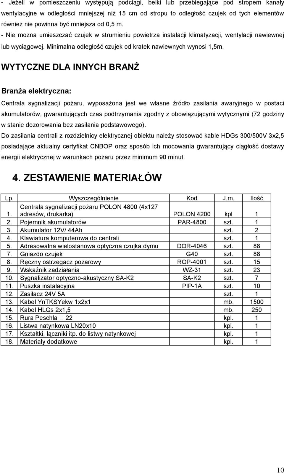 Minimalna odległość czujek od kratek nawiewnych wynosi 1,5m. WYTYCZNE DLA INNYCH BRANŻ Branża elektryczna: Centrala sygnalizacji pożaru.