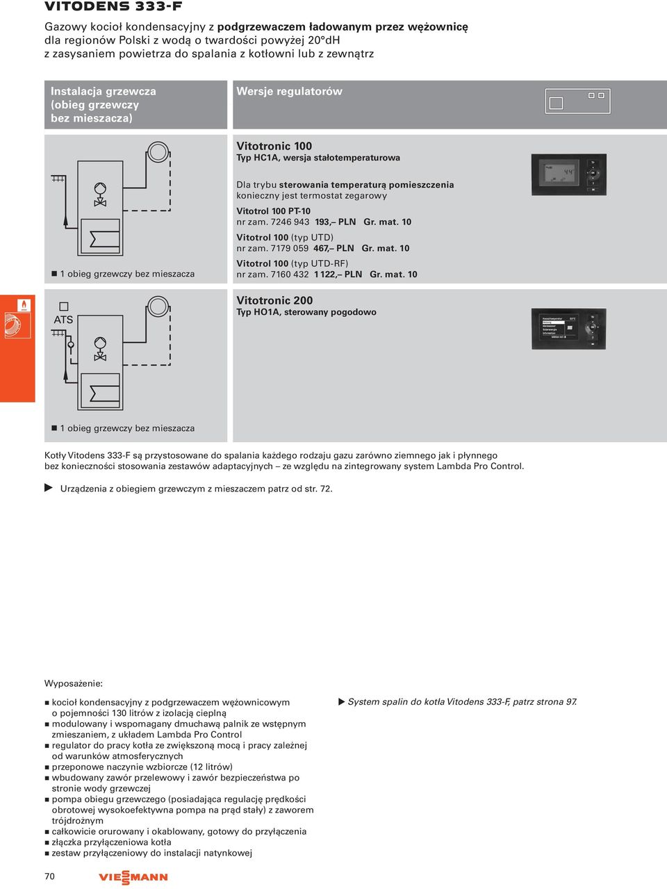 100 PT-10 7246 943 193, Vitotrol 100 (typ UTD) 7179 059 467, Vitotrol 100 (typ UTD-RF) 7160 432 1 122, Kotły Vitodens 333-F są przystosowane do spalania każdego rodzaju gazu zarówno ziemnego jak i