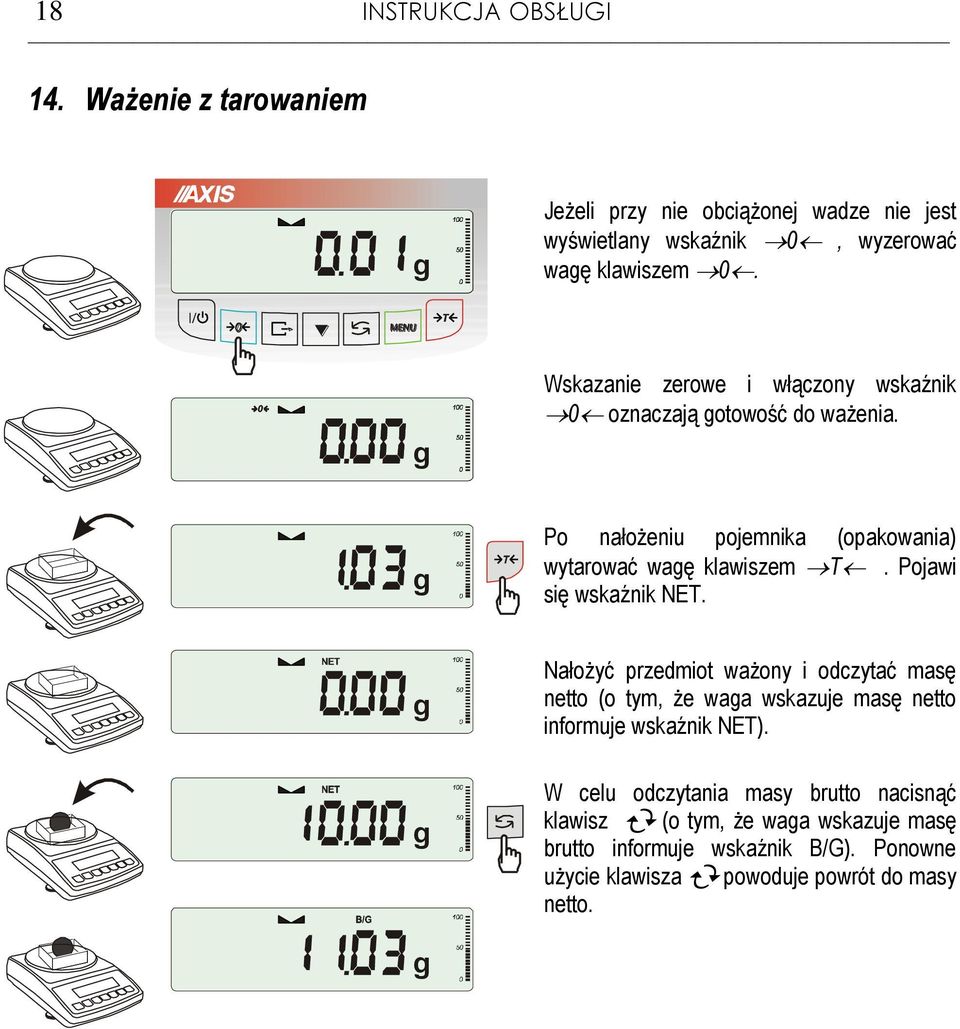 Pojawi się wskaźnik NET. Nałożyć przedmiot ważony i odczytać masę netto (o tym, że waa wskazuje masę netto informuje wskaźnik NET).