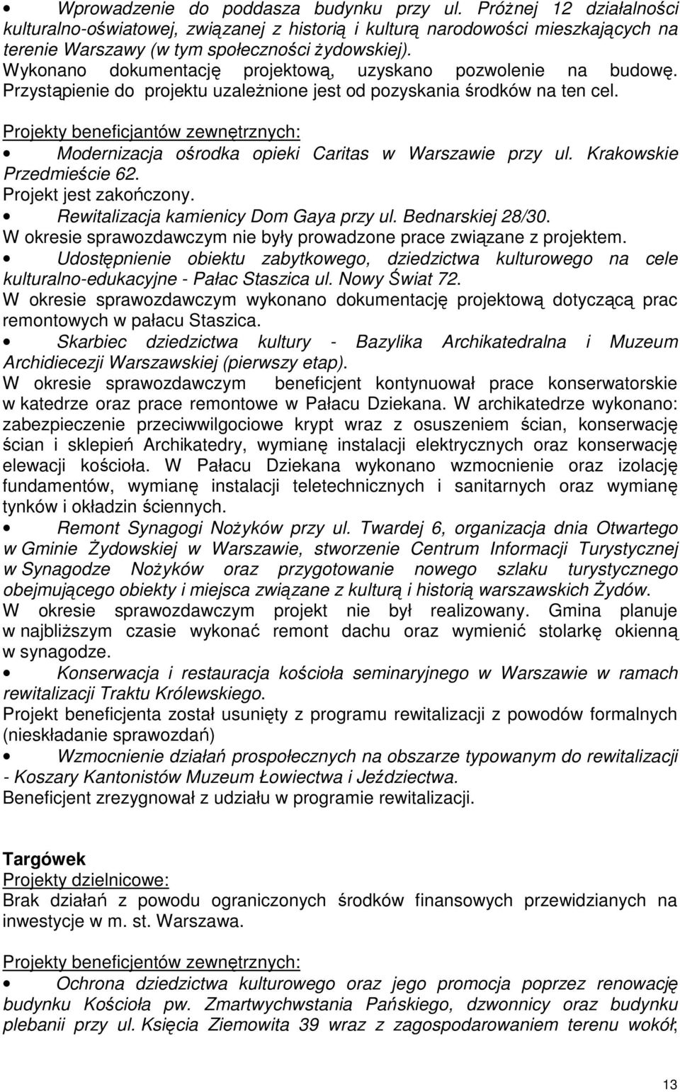 Projekty beneficjantów zewnętrznych: Modernizacja ośrodka opieki Caritas w Warszawie przy ul. Krakowskie Przedmieście 62. Projekt jest zakończony. Rewitalizacja kamienicy Dom Gaya przy ul.