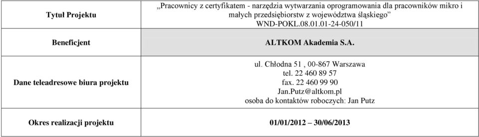 01-24-050/11 ALTKOM Akademia S.A. ul. Chłodna 51, 00-867 Warszawa tel. 22 460 89 57 fax.