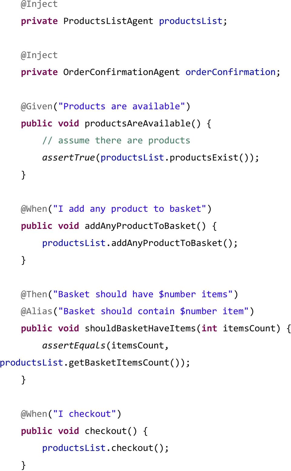 productsexist()); } @When("I add any product to basket") public void addanyproducttobasket() { productslist.