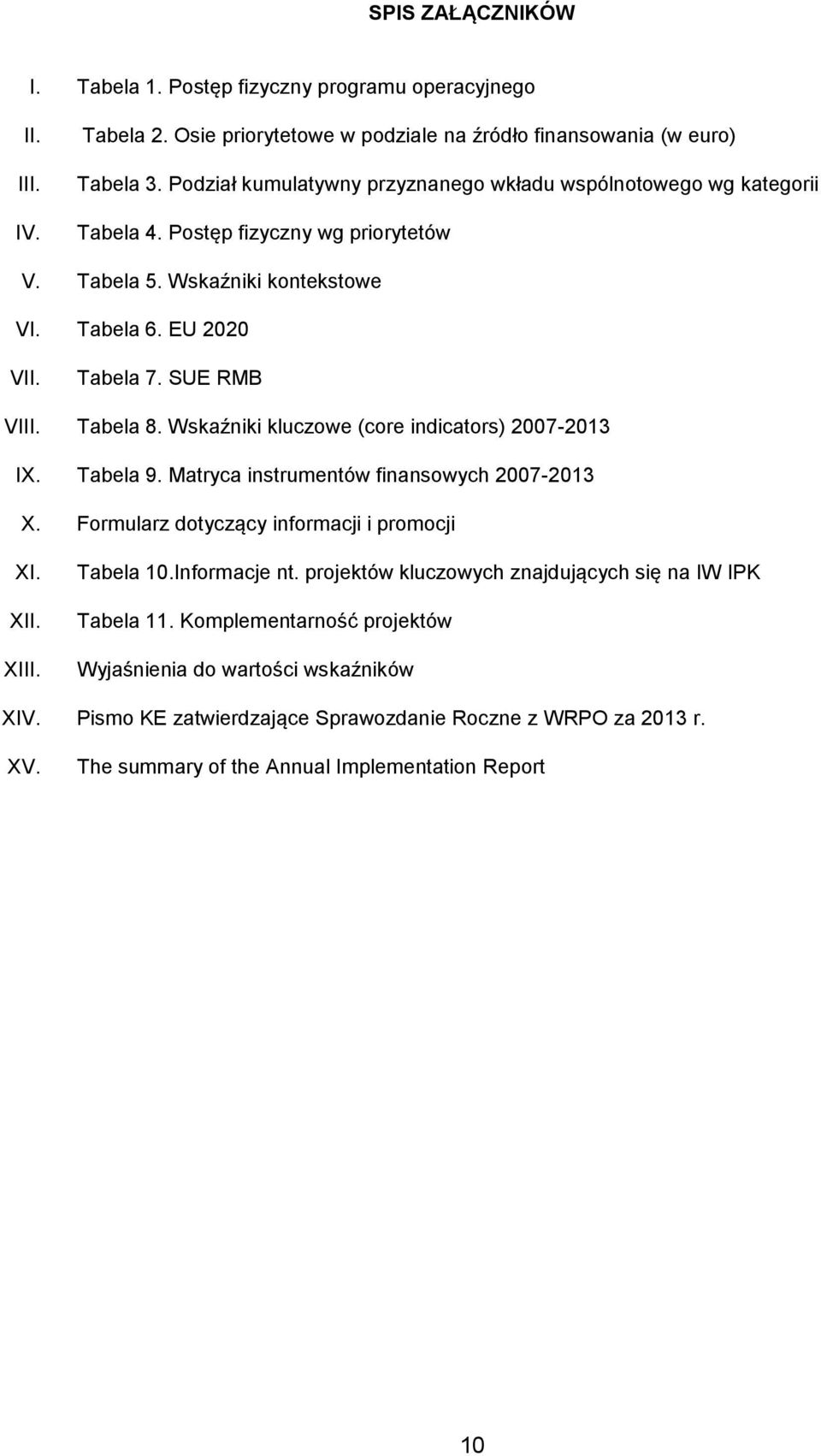 Tabela 8. Wskaźniki kluczowe (core indicators) 2007-2013 IX. Tabela 9. Matryca instrumentów finansowych 2007-2013 X. Formularz dotyczący informacji i promocji XI. XII. XIII. Tabela 10.Informacje nt.