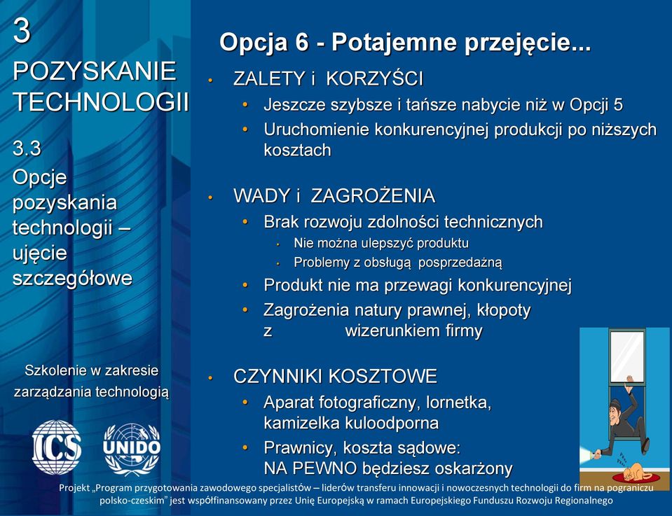 produkcji po niższych kosztach WADY i ZAGROŻENIA Brak rozwoju zdolności technicznych Nie można ulepszyć produktu Problemy z obsługą