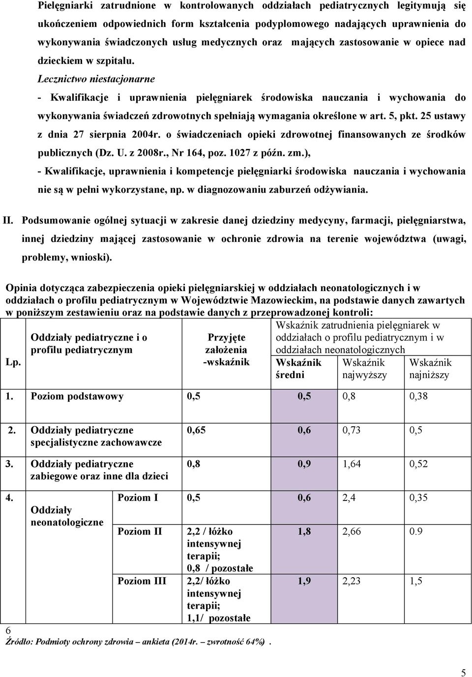 Lecznictwo niestacjonarne - Kwalifikacje i uprawnienia pielęgniarek środowiska nauczania i wychowania do wykonywania świadczeń zdrowotnych spełniają wymagania określone w art. 5, pkt.