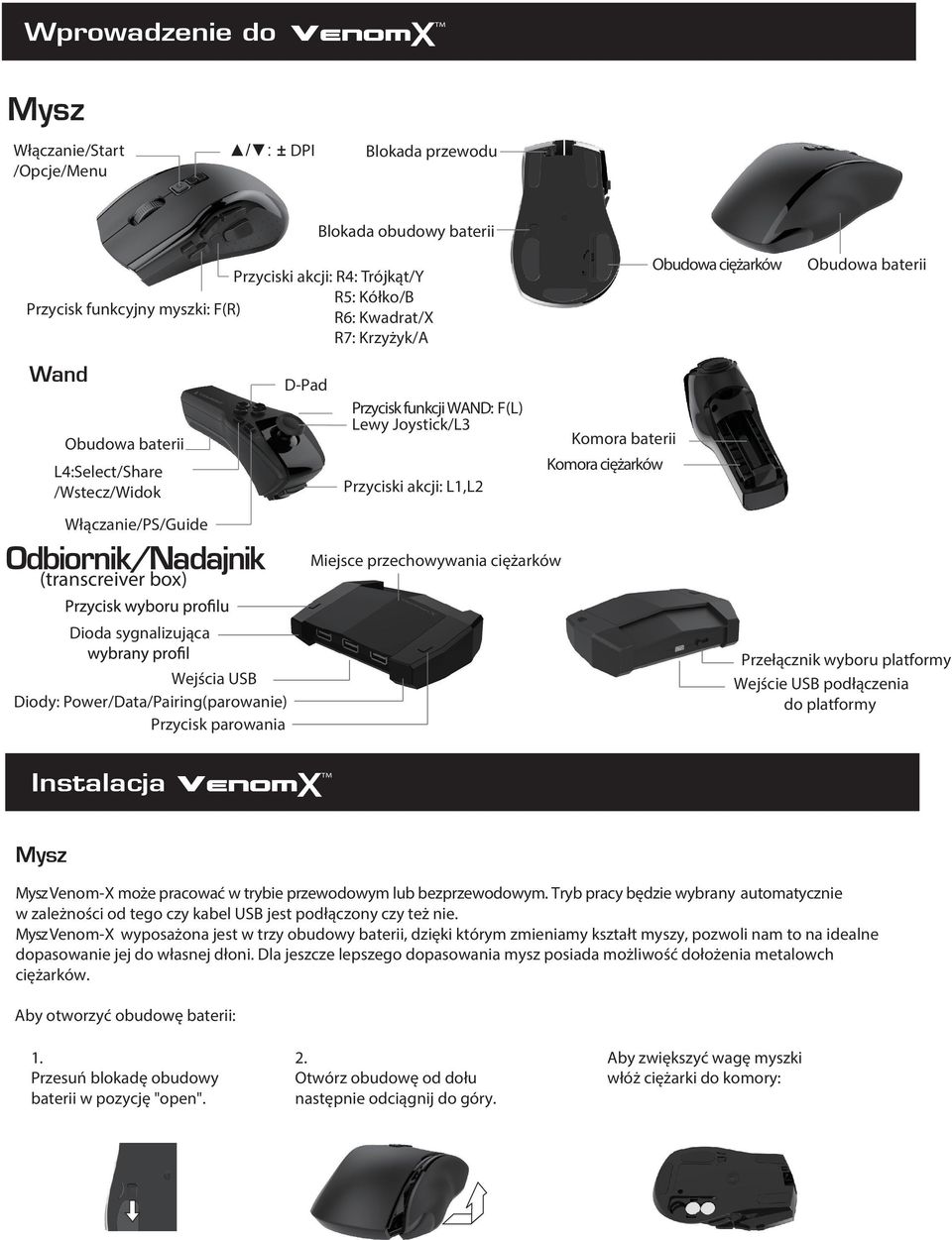 Joystick/L3 Komora baterii Komora ciężarków Przyciski akcji: L1,L2 Miejsce przechowywania ciężarków Dioda sygnalizująca Wejścia USB Diody: Power/Data/Pairing(parowanie) Przycisk parowania Przełącznik