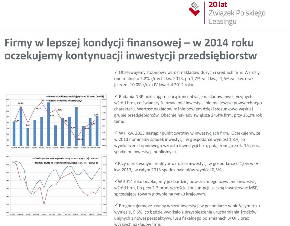 Badania NBP pokazują rosnącą koncentrację nakładów inwestycyjnych wśród firm, co świadczy że ożywienie inwestycji nie ma jeszcze powszechnego charakteru.